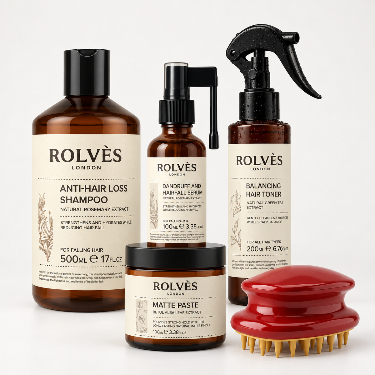 ROLVES Full Bakım ve Stil Paketi: Dökülme Karşıtı Şampuan 500 ml, Dökülme Karşıtı Saç Serumu 100 ml, Saç Toniği 200 ml, Matte Paste Wax 100 ml, Silikon Baş Derisi Masaj ve Yıkama Fırçası, açık zemin üzerinde birlikte