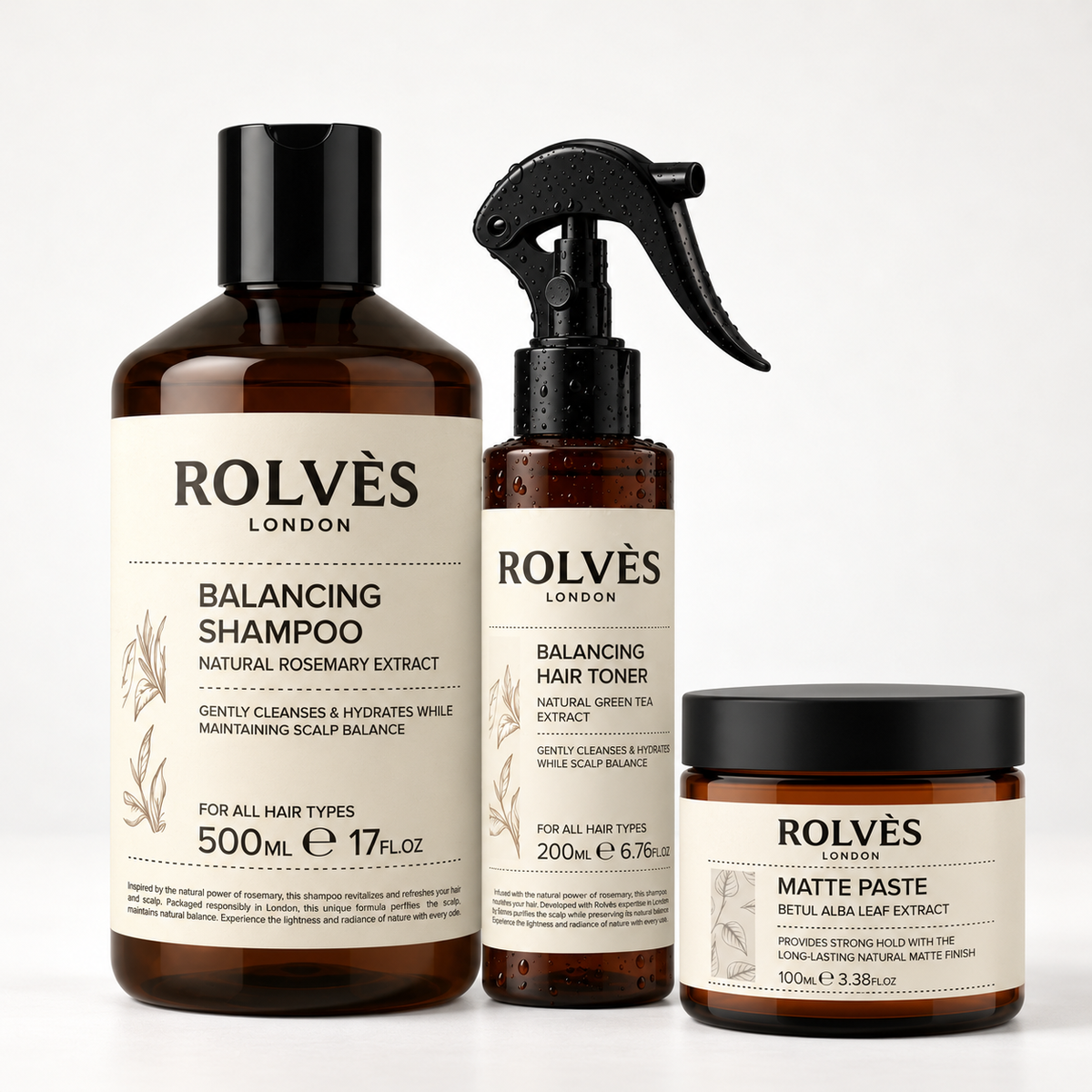 ROLVES Tam Rutin Paketi: Günlük Kullanım Şampuanı 500 ml, Saç Toniği 200 ml, Matte Paste Wax 100 ml, açık zemin üzerinde birlikte