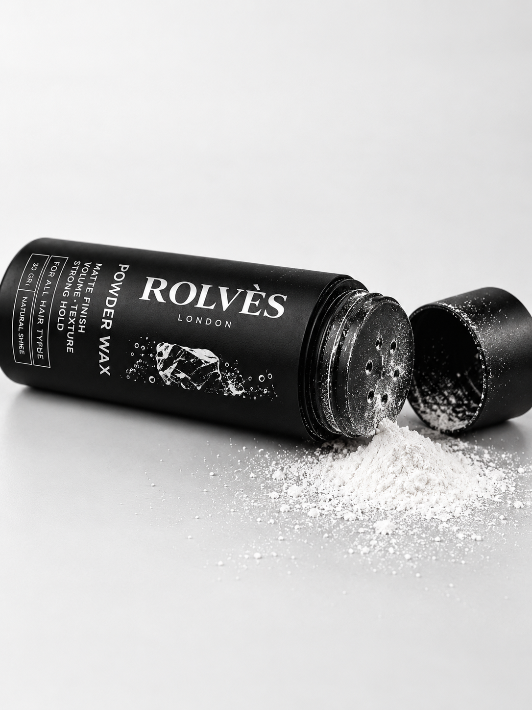 ROLVES Power Wax 30 g, açık kapaklı şişe ve beyaz pudra dokusu