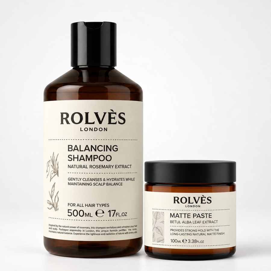 ROLVES Büyük Boy Rutin Paketi: Günlük Kullanım Şampuanı 500 ml, Matte Paste Wax 100 ml, açık zemin üzerinde birlikte