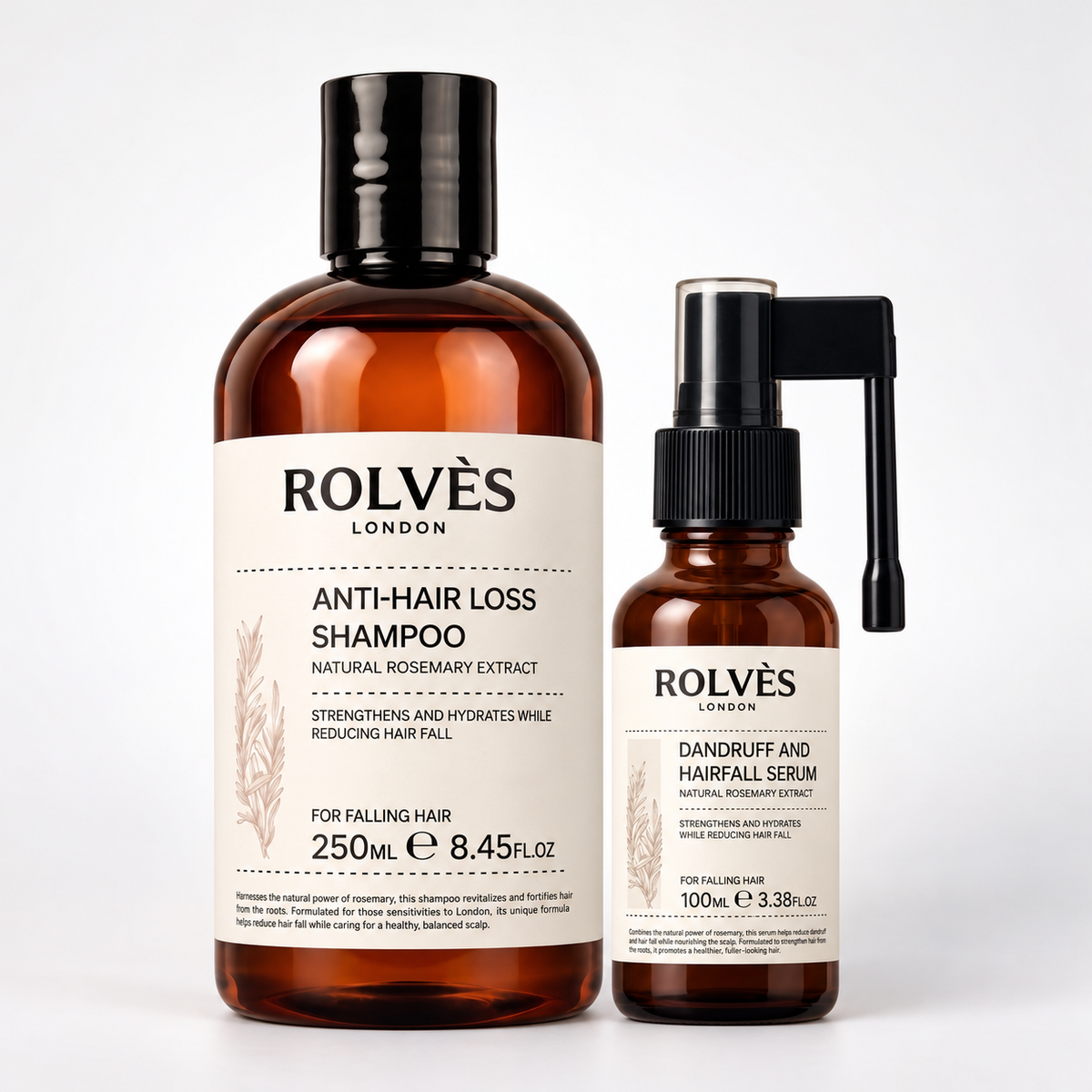 ROLVES Güçlendirici İkili Paketi: Dökülme Karşıtı Şampuan 250 ml, Dökülme Karşıtı Saç Serumu 100 ml, açık zemin üzerinde birlikte