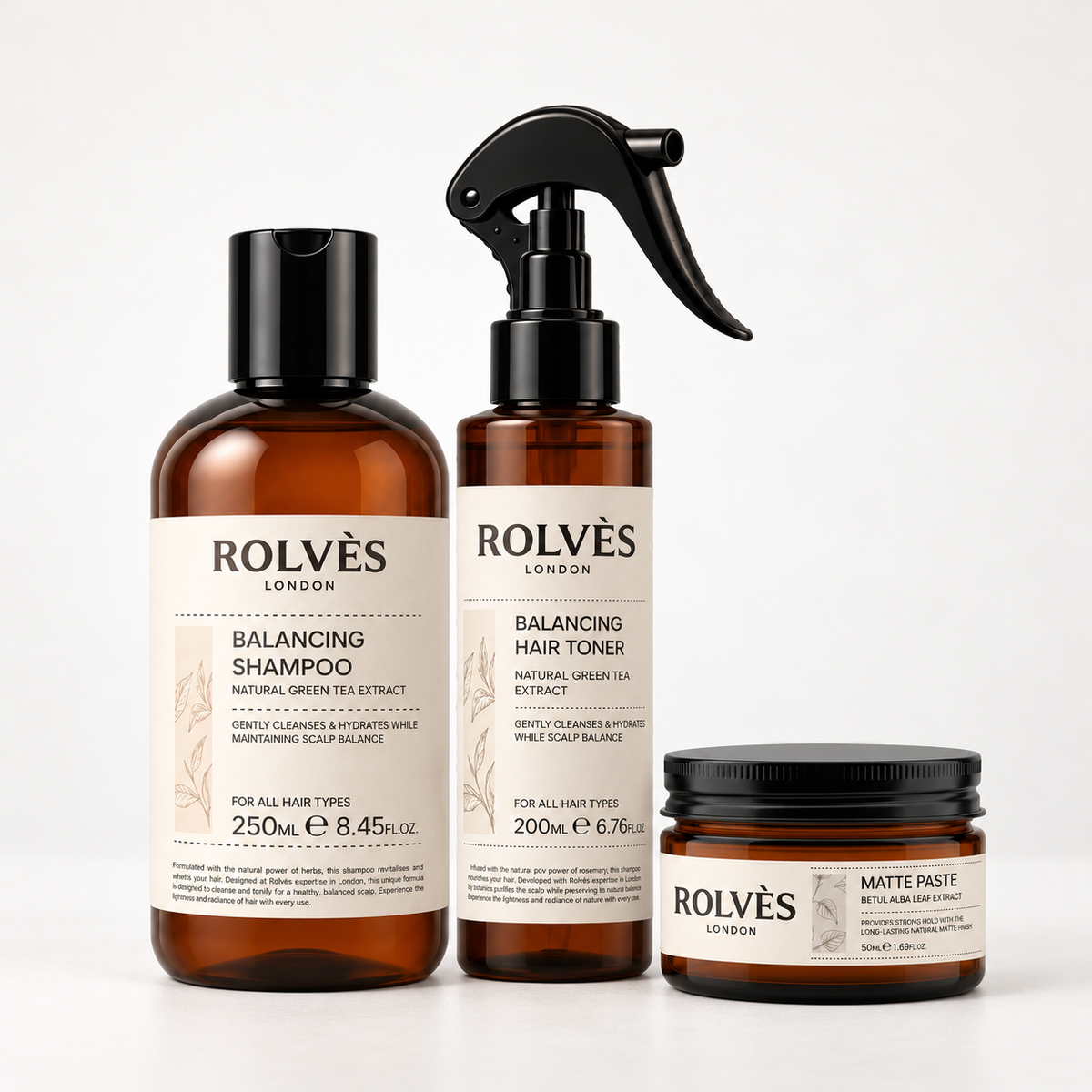 ROLVES Günlük Rutin Paketi: Günlük Kullanım Şampuanı 250 ml, Saç Toniği 200 ml, Matte Paste Wax 50 ml, açık zemin üzerinde birlikte