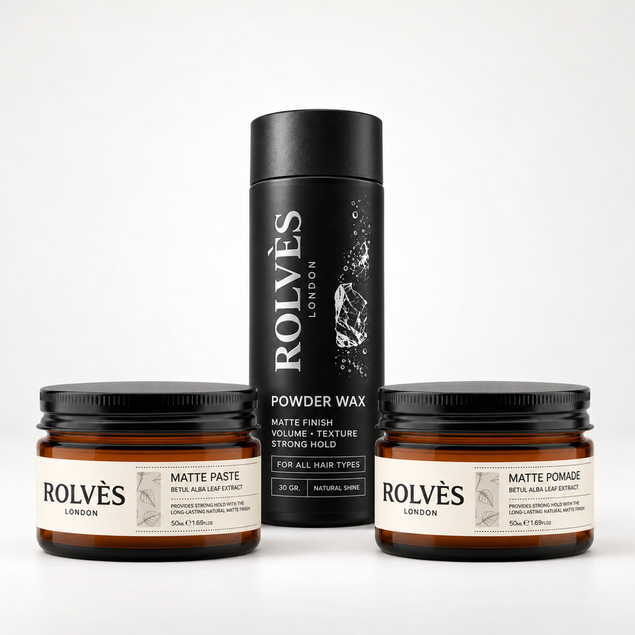 ROLVES Stil Keşif Paketi: Matte Paste Wax 50 ml, Matte Pomade Wax 50 ml, Power Wax 30 g, açık zemin üzerinde birlikte