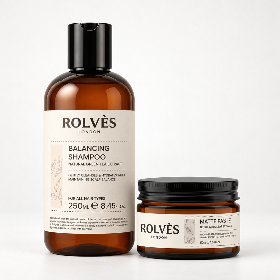 ROLVES Tanışma Paketi: Günlük Kullanım Şampuanı 250 ml, Matte Paste Wax 50 ml, açık zemin üzerinde birlikte